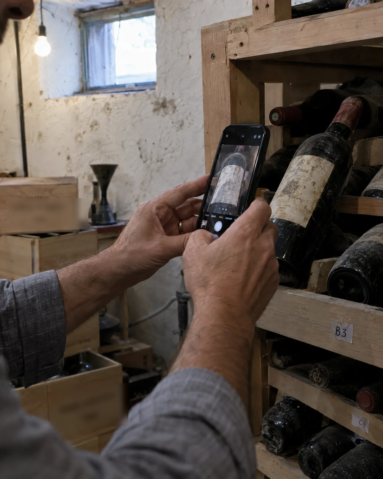 Hände fotografieren mit dem Handy das Etikett einer alten Bordeaux-Flasche im Keller